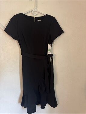 Calvin Klein Black Short-Sleeve Wrap Midi Dress with Ruffle Hem